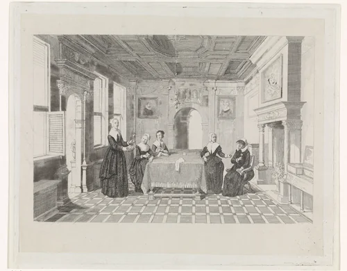 Vrouwen met bloemen in een vertrek by David van der Kellen, print, 1837-1883