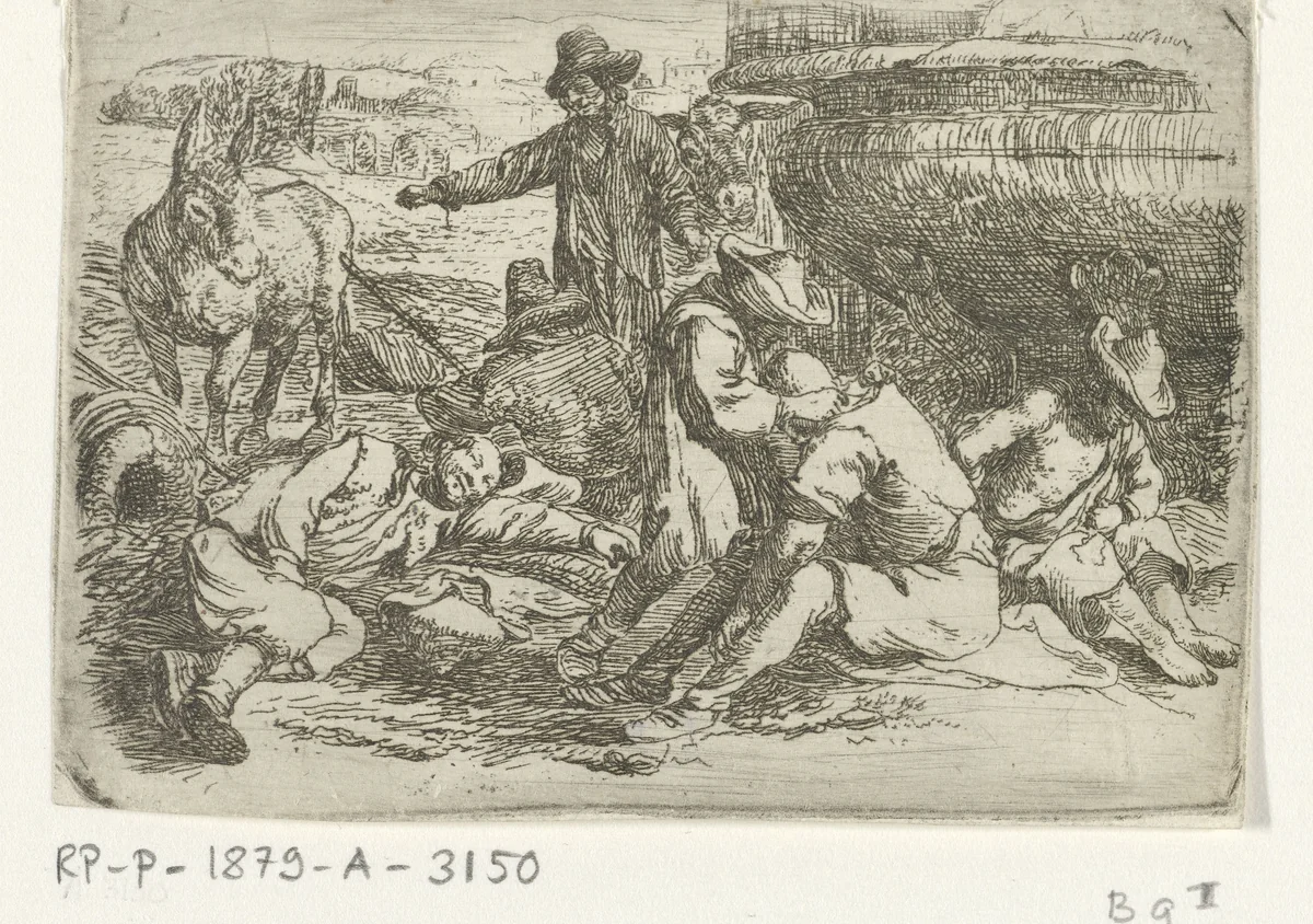 Zes bedelaars bij een fontein by Jan van Ossenbeeck, print, 1647-1674