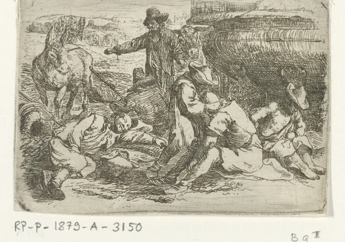 Zes bedelaars bij een fontein by Jan van Ossenbeeck, print, 1647-1674