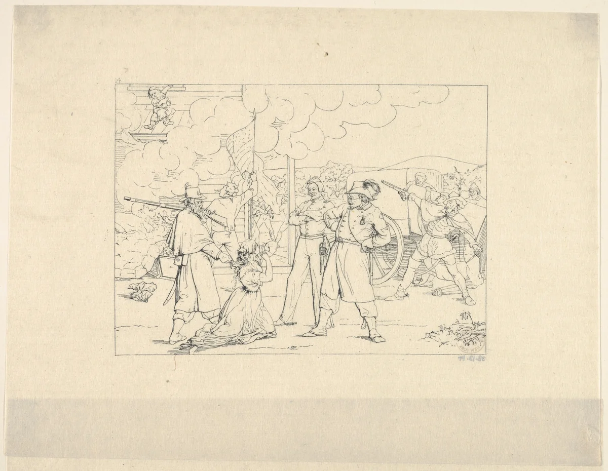 Valiant Men "Dat Fite Mit Siegel" (from Confederate War Etchings) by Adalbert John Volck, print, 1861-1863