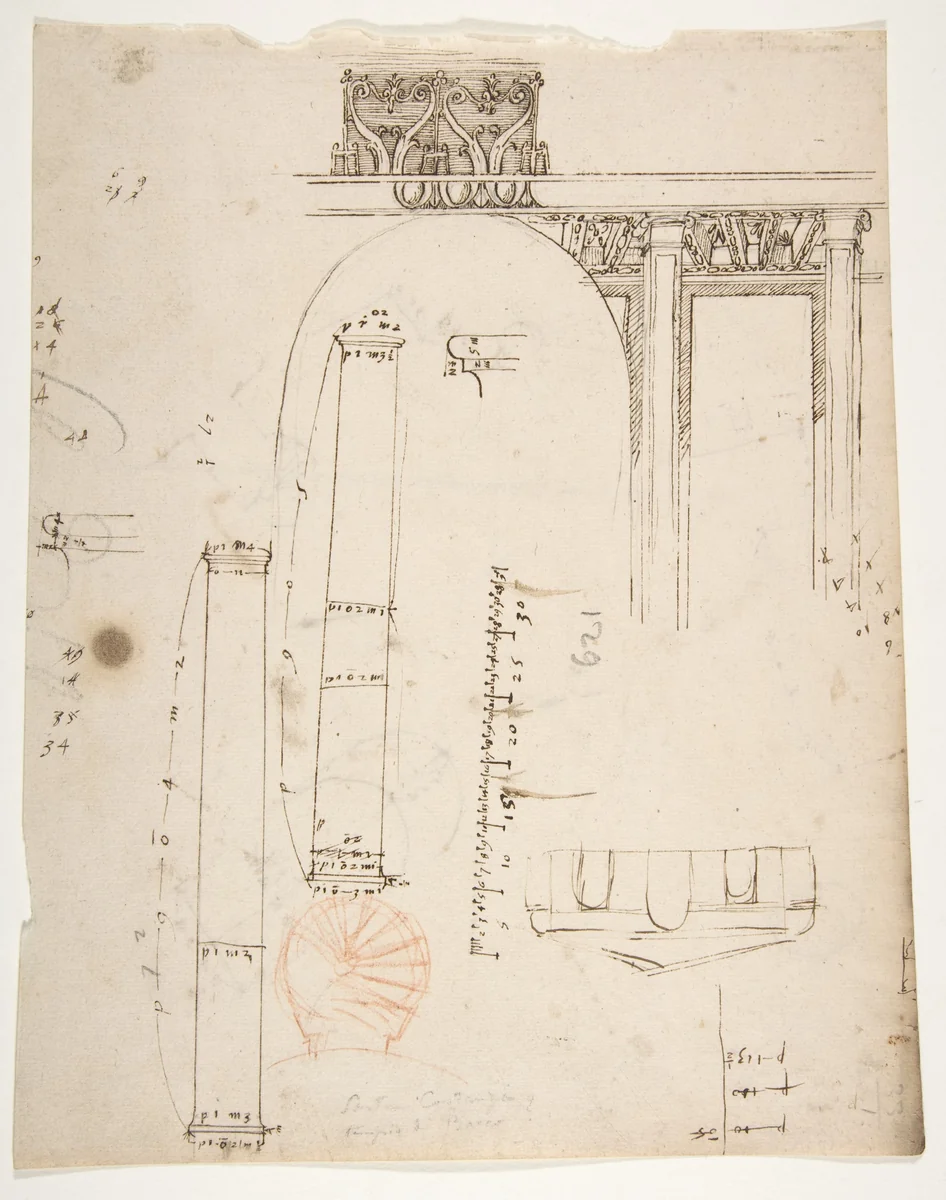 S. Costanza, drum, interior, elevation; column shafts, profiles; narthex, section; stair, detail plan (recto) stair, plans; window, elevation (verso) by anonymous, drawing, 1500-1560