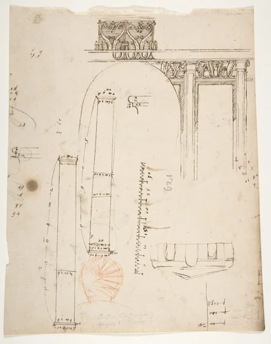 S. Costanza, drum, interior, elevation; column shafts, profiles; narthex, section; stair, detail plan (recto) stair, plans; window, elevation (verso) by anonymous, drawing, 1500-1560