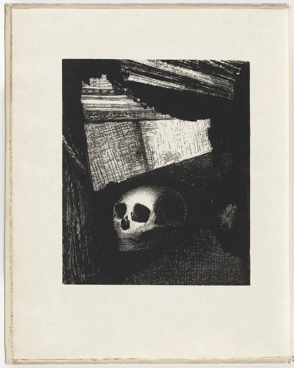 The Wall of His Room Was Opening Up and through the Crack a Death's-Head Was Projected (La Muraille de sa chambre s'entr'ouvrait et de la fente était projetée une tête de mort) (frontispiece) from Le Juré by Odilon Redon, illustrated book, 1887