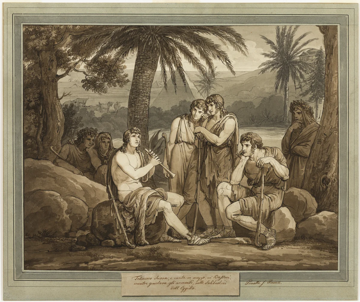 Telemachus Plays and Sings to the Shepherds in Egypt, from The Adventures of Telemachus, Book 2 by Bartolomeo Pinelli, drawing, 1808