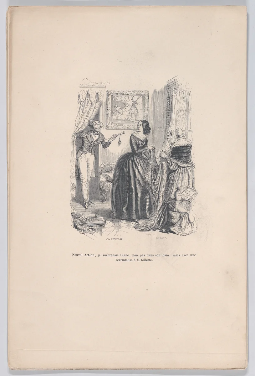 New Actaeon, I surprised Diana, not in her bath but with a dealer in the bathroom, from "Little Miseries of Human Life" by J. J. Grandville, print, 1843