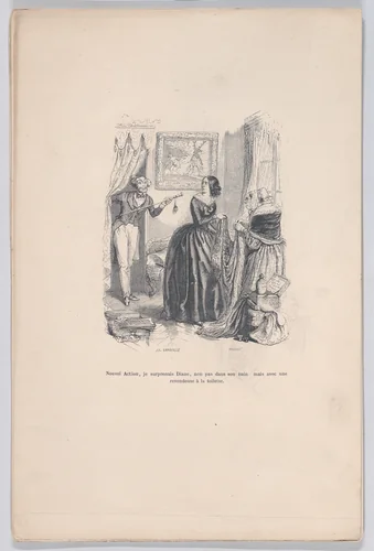 New Actaeon, I surprised Diana, not in her bath but with a dealer in the bathroom, from "Little Miseries of Human Life" by J. J. Grandville, print, 1843