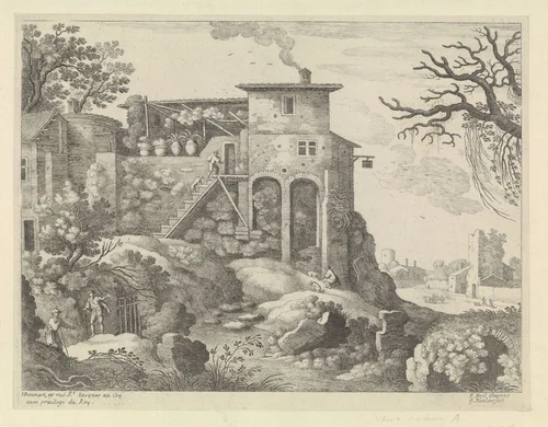 Italiaans landschap met een herberg by Unknown, print, 1594-1635
