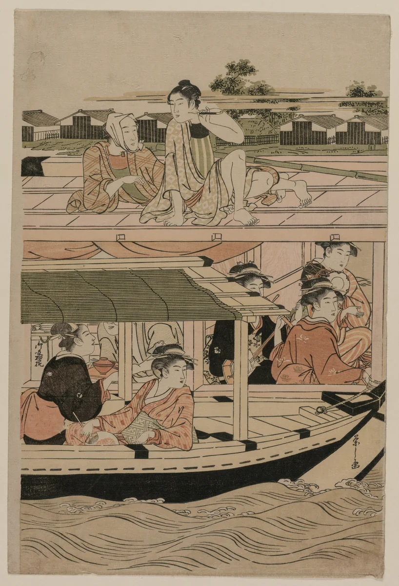 Print from Pleasure Boats on the Sumida River beneath Shin-Ōhashi Bridge by Chōbunsai Eishi (鳥文斎栄之), print, 1792