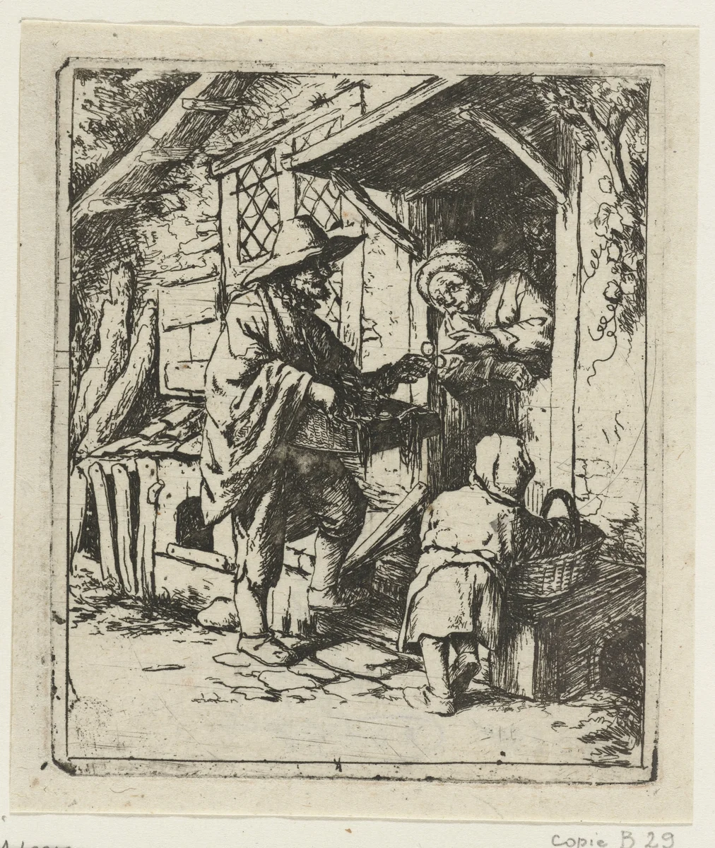Brillenverkoper en een oude vrouw by Jacob Laurensz. van der Vinne, print, 1700-1737