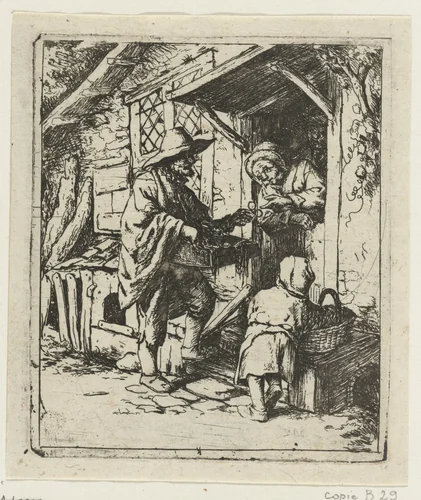 Brillenverkoper en een oude vrouw by Jacob Laurensz. van der Vinne, print, 1700-1737