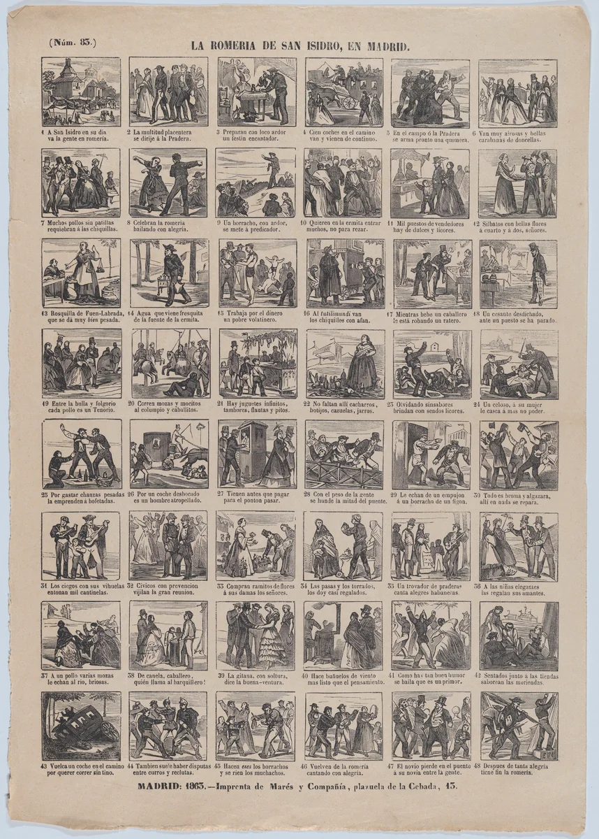 Broadside with 48 scenes relating to the pilgrimage of San Isidro by José María Marés, print, 1863