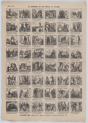 Broadside with 48 scenes relating to the pilgrimage of San Isidro by José María Marés, print, 1863
