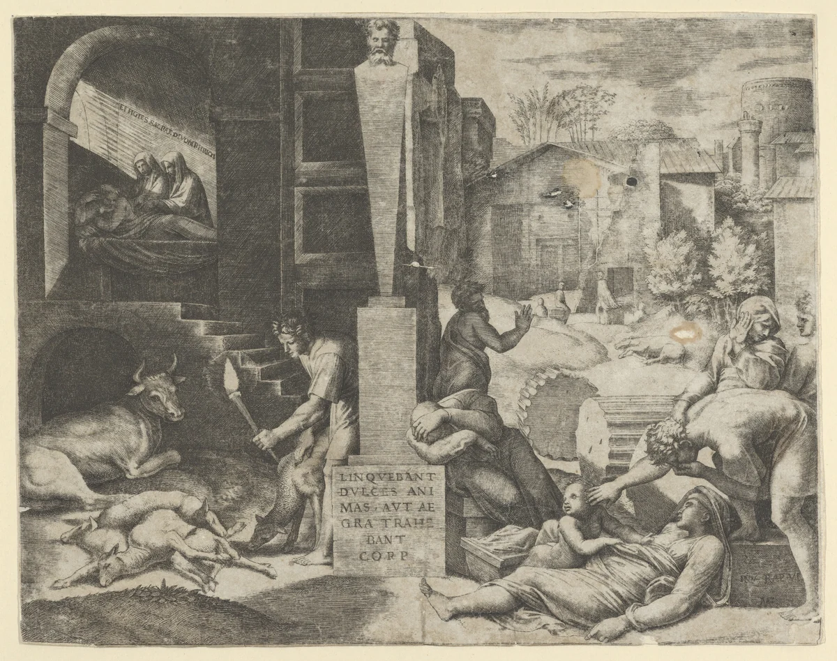 A plague scene at right, a man at left holding a torch illuminating part of the scene, ill people at the right by Marcantonio Raimondi, print, 1510-1521