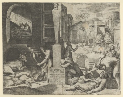 A plague scene at right, a man at left holding a torch illuminating part of the scene, ill people at the right by Marcantonio Raimondi, print, 1510-1521
