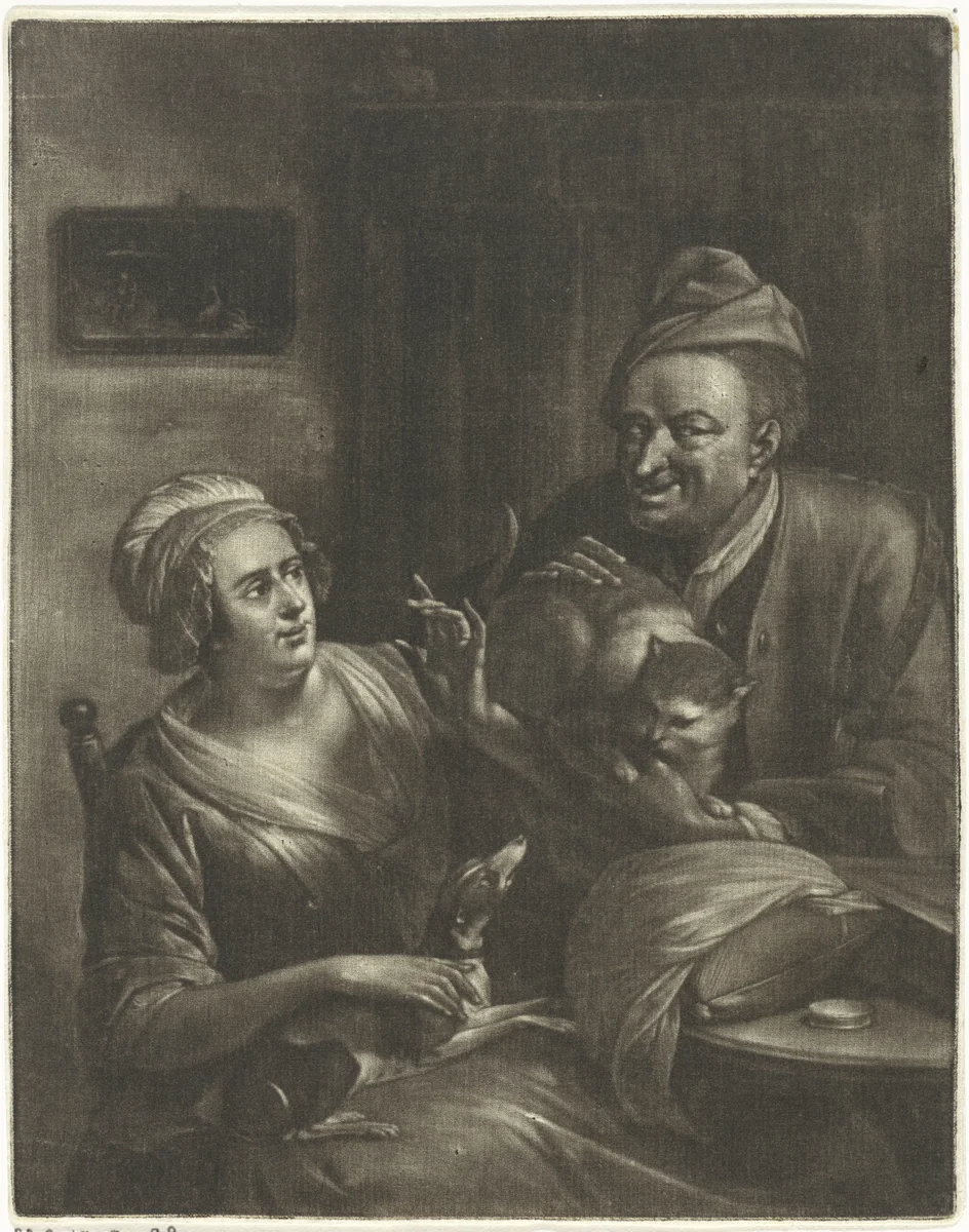 Twee figuren met een hond en een kat by Aert Schouman, print, 1720-1792