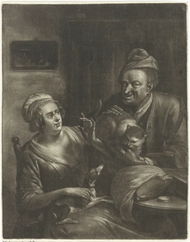 Twee figuren met een hond en een kat by Aert Schouman, print, 1720-1792