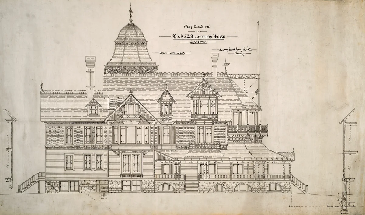 House for Mr. S.W. Allerton, Lake Geneva, Wisconsin: West Elevation by Henry Lord Gay, drawing, 1879-1889