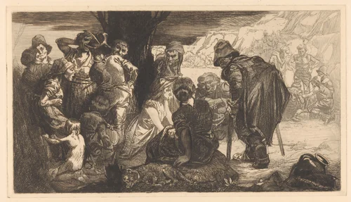 Mannen, vrouwen en kinderen bij een boom by Johannes Josephus Aarts, print, 1881-1934