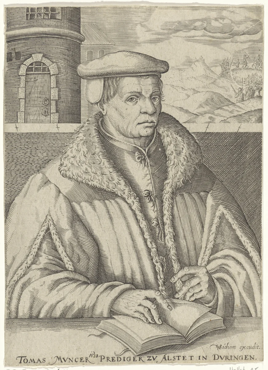 Portret van Thomas Muntzer by Christoffel van Sichem, print, 1608-1677