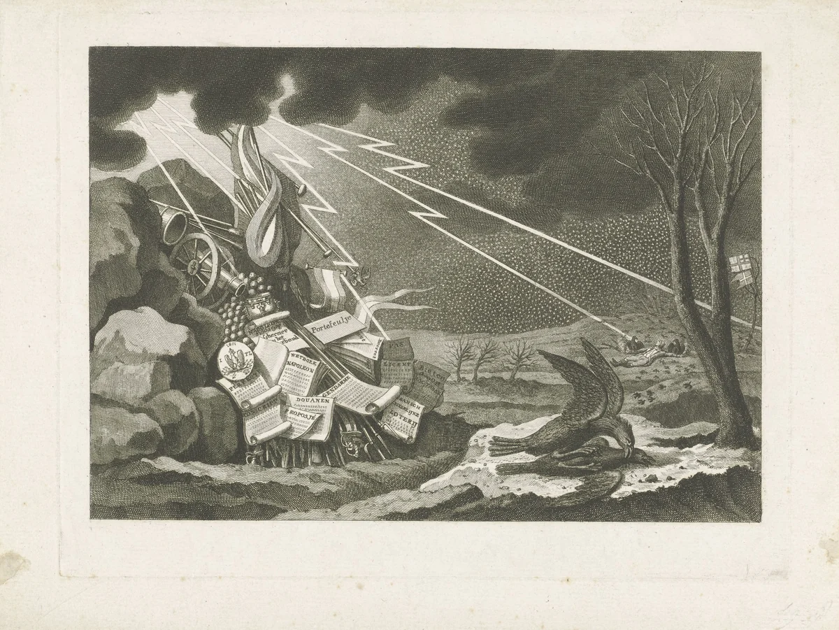 Allegorie op de val van het Franse bewind by Noach van der Meer, print, 1813-1815