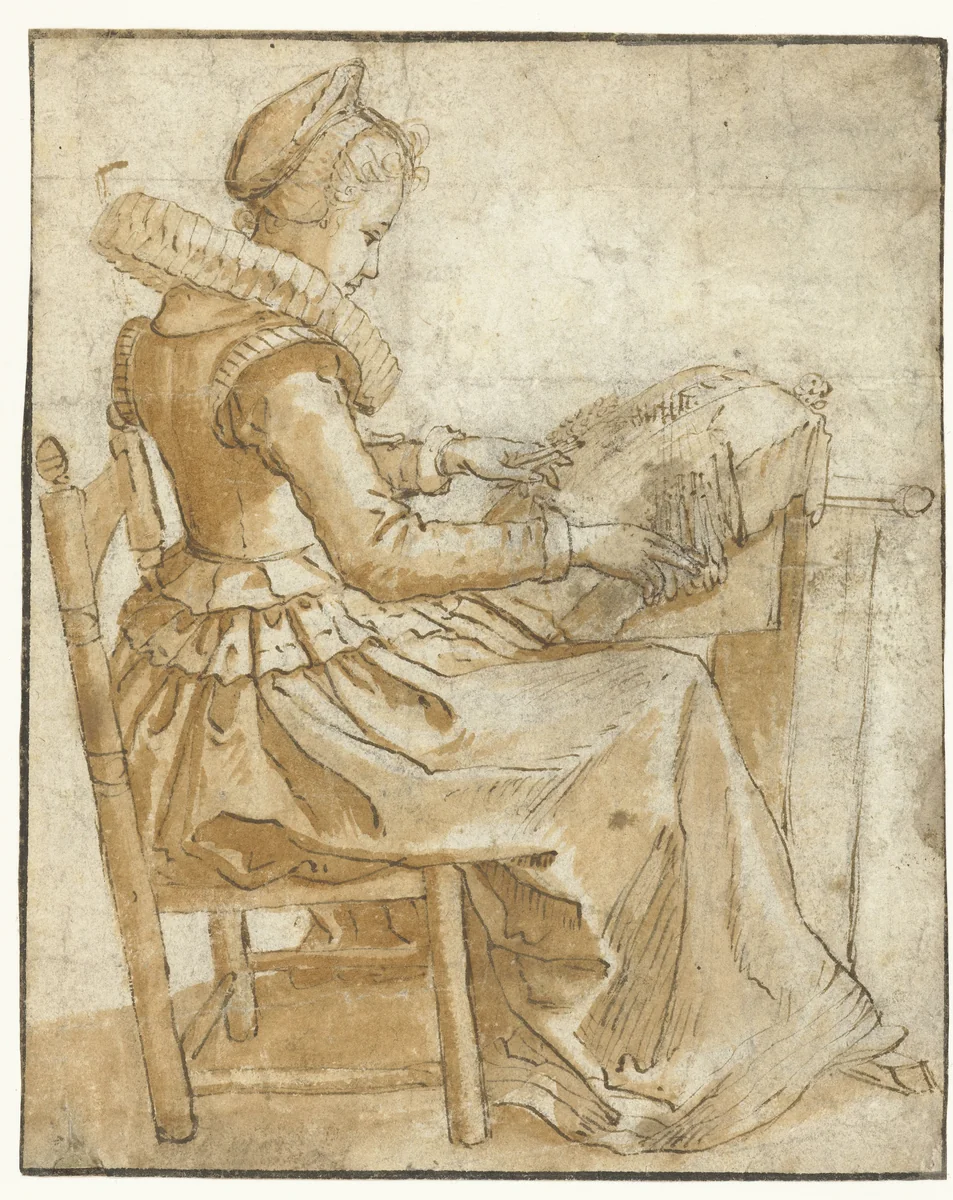 De kantwerkster by anonymous, drawing, 1600-1620
