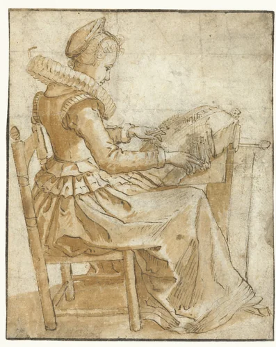 De kantwerkster by anonymous, drawing, 1600-1620