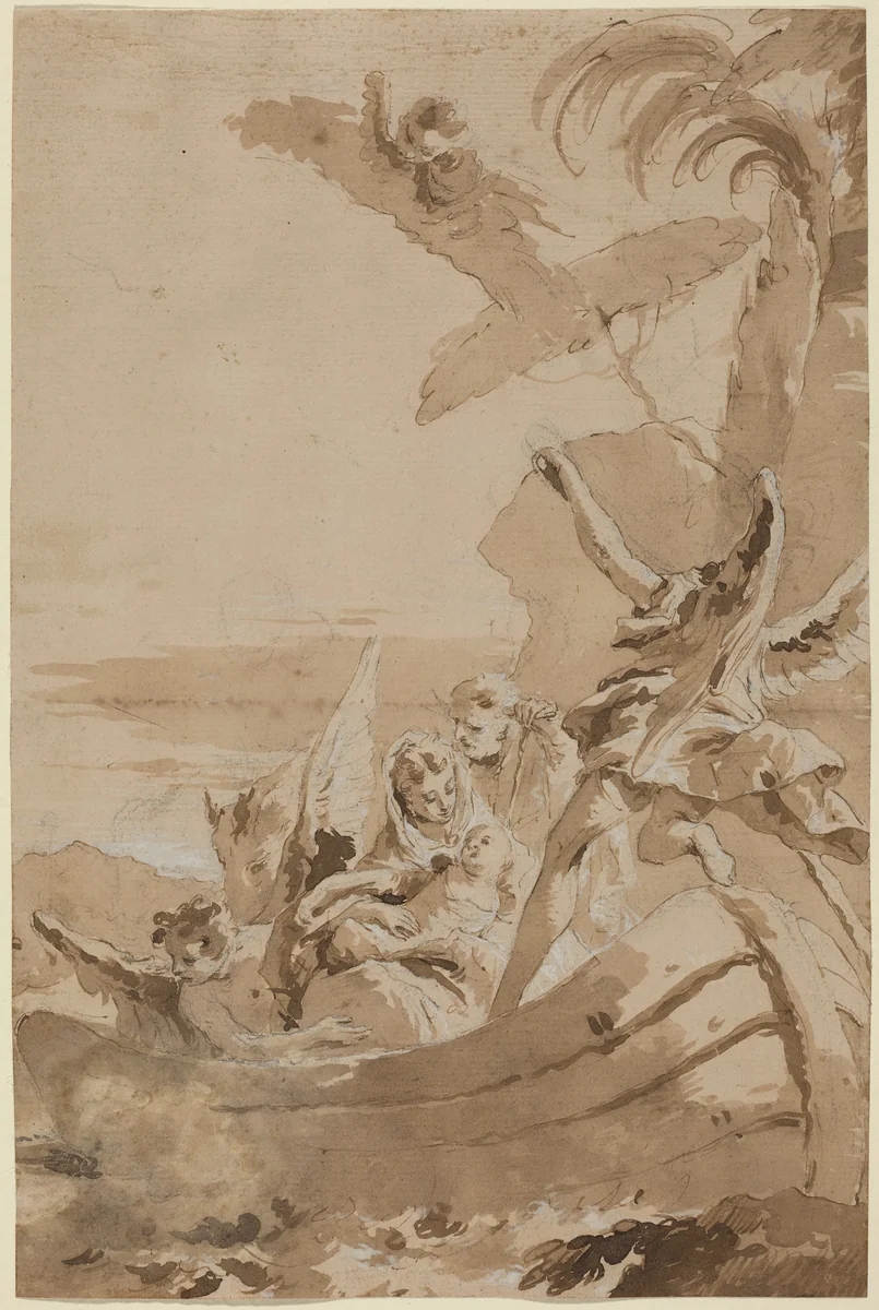The Flight into Egypt with the Holy Family and Two Angels in a Skiff by Giustino Menescardi, drawing, 1720-1776