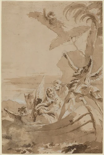 The Flight into Egypt with the Holy Family and Two Angels in a Skiff by Giustino Menescardi, drawing, 1720-1776