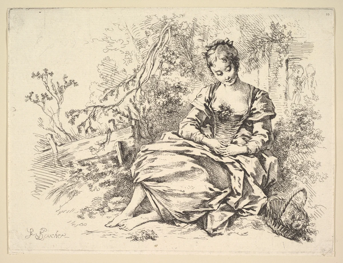 Girl in a Landscape with a Basket of Flowers by François Boucher, print, 1703-1770