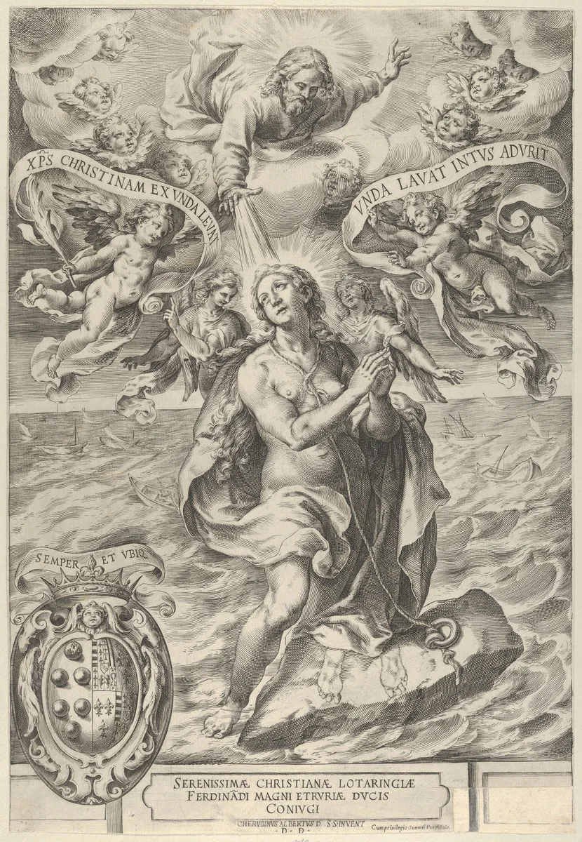 The Martyrdom of Saint Cristina di Bolsena with God the Father above by Cherubino Alberti, print, 1570-1615