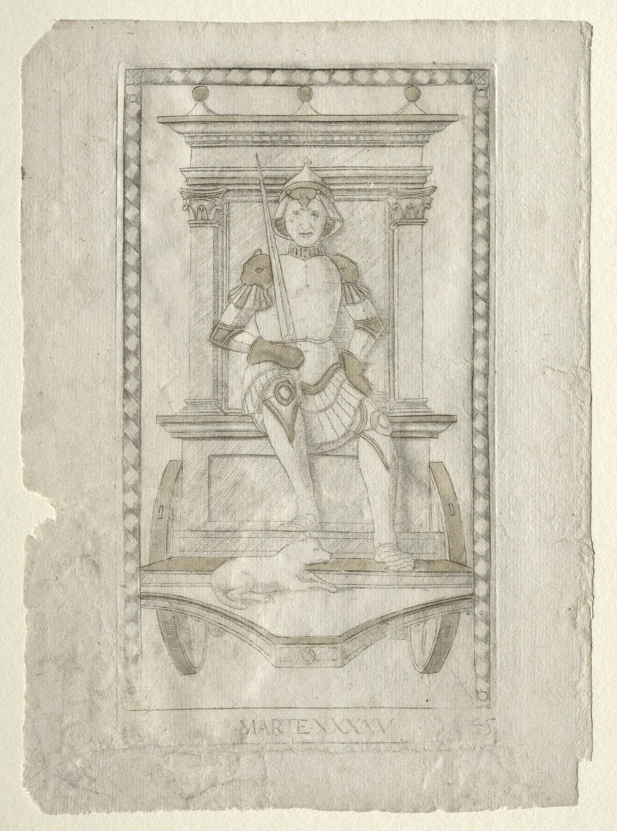 Mars (from the Tarocchi, series A: Firmaments of the Universe, #45) by Master of the E-Series Tarocchi, print, 1457-1467