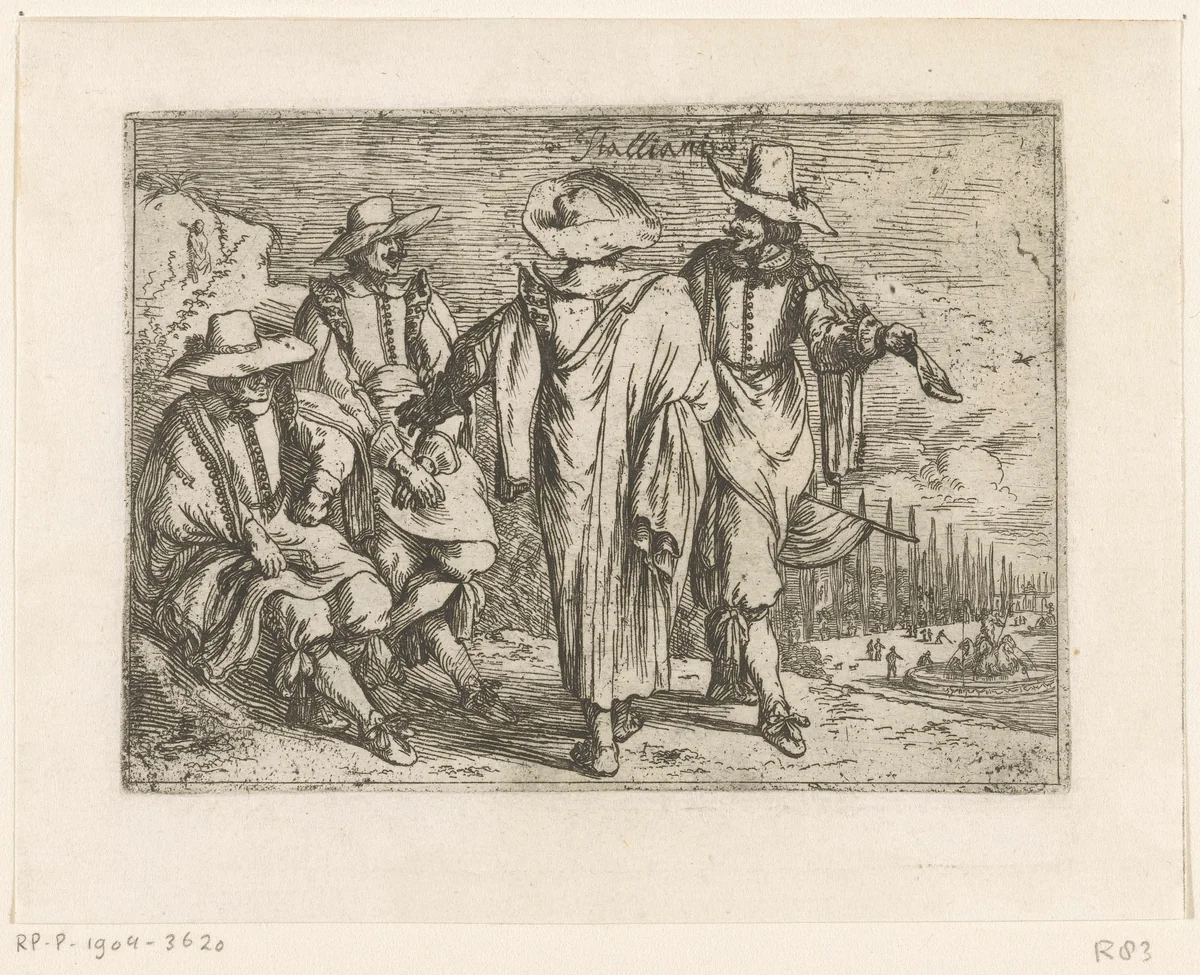 Vier Italianen, een haven in de achtergrond by Johann Wilhelm Baur, print, 1636