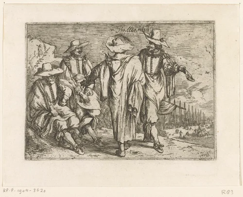 Vier Italianen, een haven in de achtergrond by Johann Wilhelm Baur, print, 1636