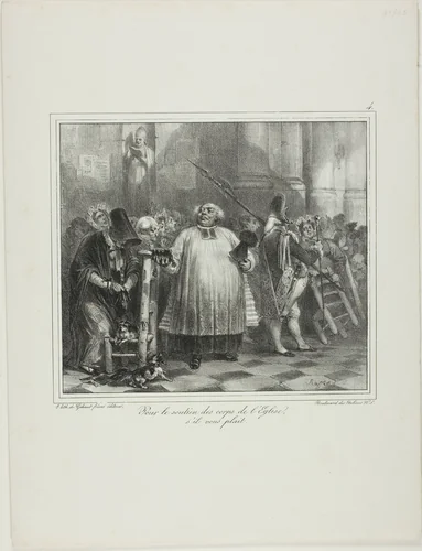 For the Support of the Church Staff, if You Please... by Denis Auguste Marie Raffet, print, 1831