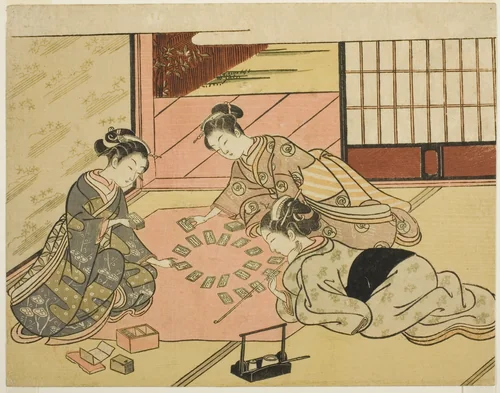 Young Women Playing Poem Cards by Suzuki Harunobu (鈴木春信), print, 1761-1770