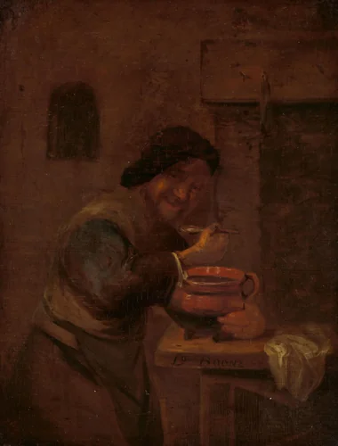 Man Eating from an Earthenware Pot by Daniël Boone, painting, 1660-1680