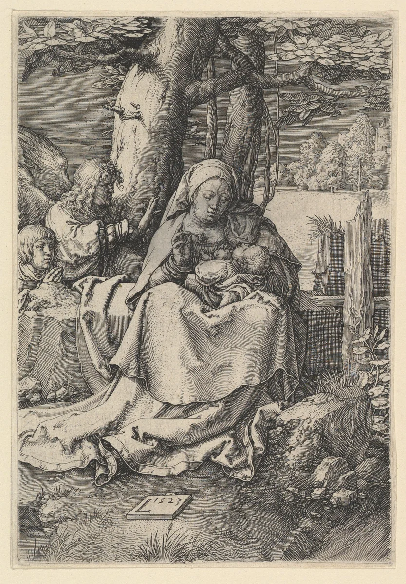 The Virgin and Child with Two Angels by Lucas van Leyden, print, 1523