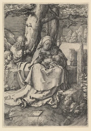 The Virgin and Child with Two Angels by Lucas van Leyden, print, 1523