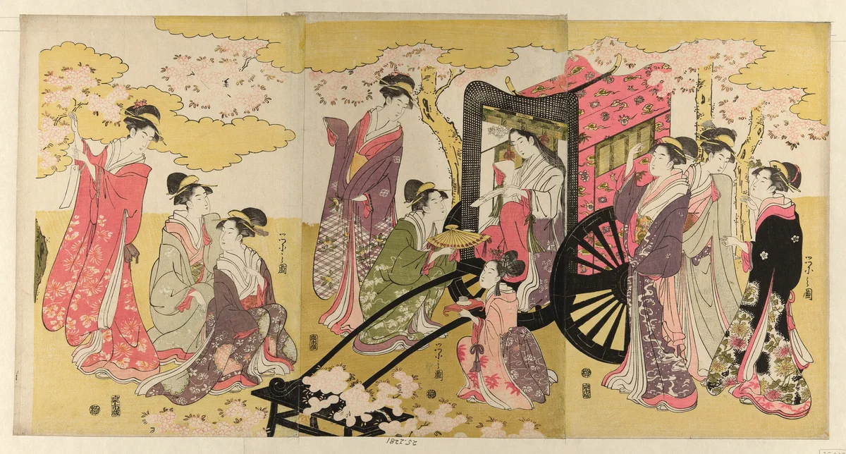 Noble woman in a carriage viewing cherry blossoms by Chobunsai Eishi, print, 1791-1801