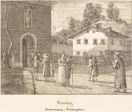 Sonntag - Kircheneingang in Berchtesgaden (Sunday - Going to Church near Berchtesgaden) by Ferdinand Olivier, print, 1823