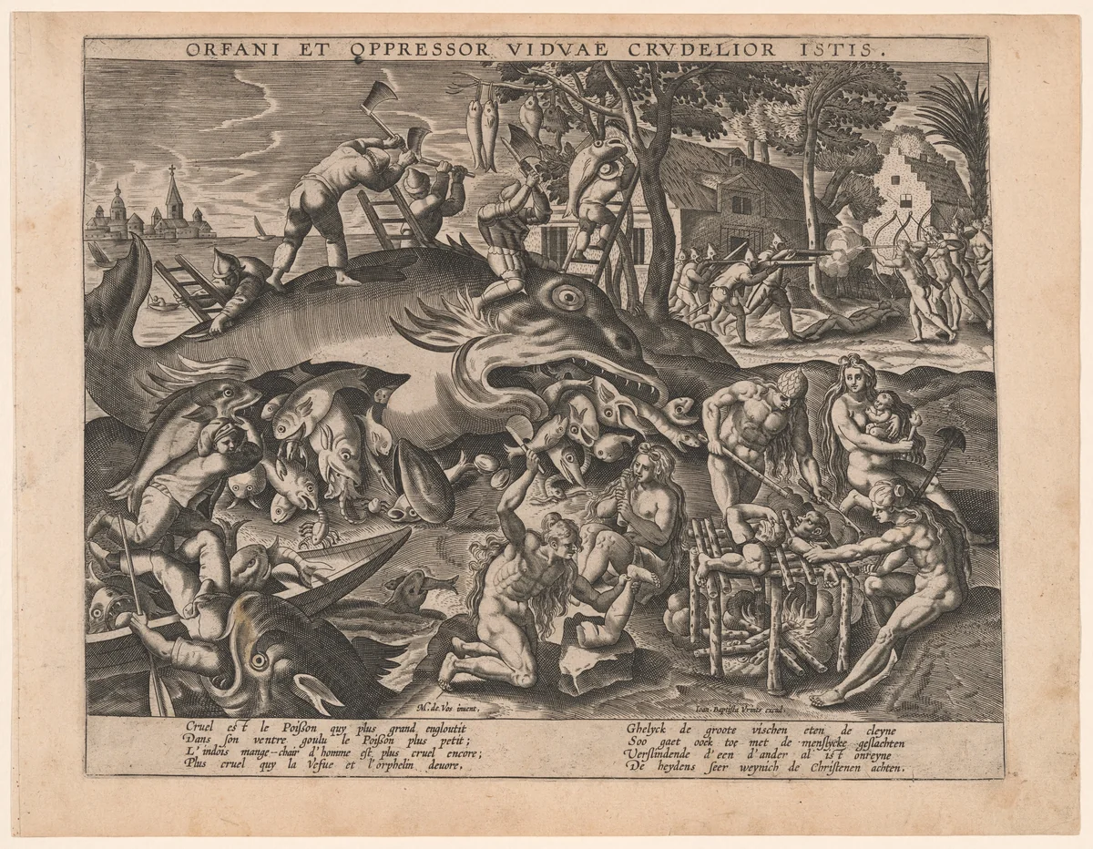 The Big Fish Eat the Small by Maarten de Vos, print, 1580