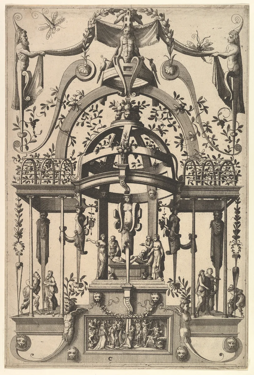 Surface Decoration, Grotesque with Strapwork, Burial Scene in the Tempietto, in the Bas Relief Esther before Ahasuerus from Veelderleij Veranderinghe van grotissen ende Compertimenten...Libro Primo by Cornelis Floris, book, 1556