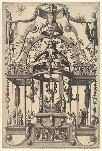Surface Decoration, Grotesque with Strapwork, Burial Scene in the Tempietto, in the Bas Relief Esther before Ahasuerus from Veelderleij Veranderinghe van grotissen ende Compertimenten...Libro Primo by Cornelis Floris, book, 1556