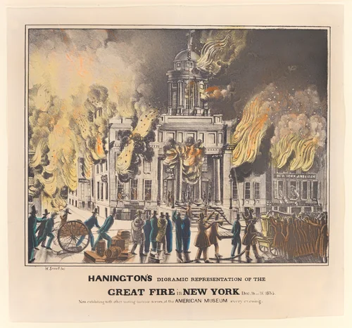 Hanington's Dioramic Representation of the Great Fire in New York, Dec. 16 and 17, 1835. Now Exhibiting with Other Moving Dioramic Scenes, at the American Museum Every Evening... by H. Sewell, print, 1836