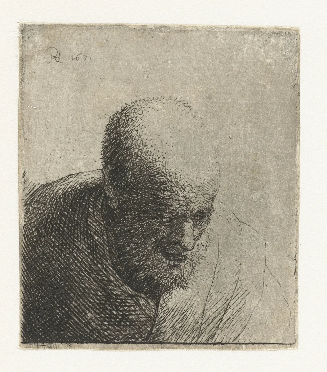 Bald man with open mouth, looking down: bust by Rembrandt van Rijn, print, 1631