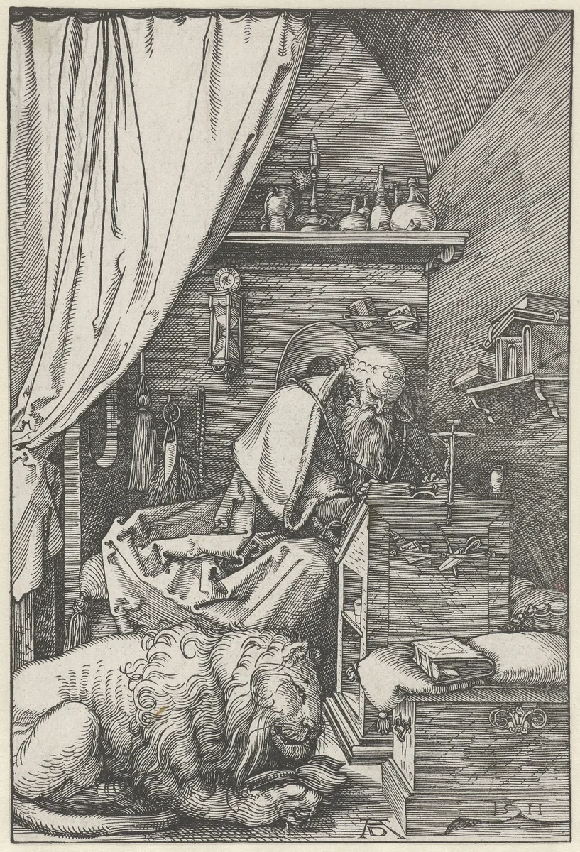 De Heilige Hiëronymus in zijn studeervertrek by Unknown, print, 1511