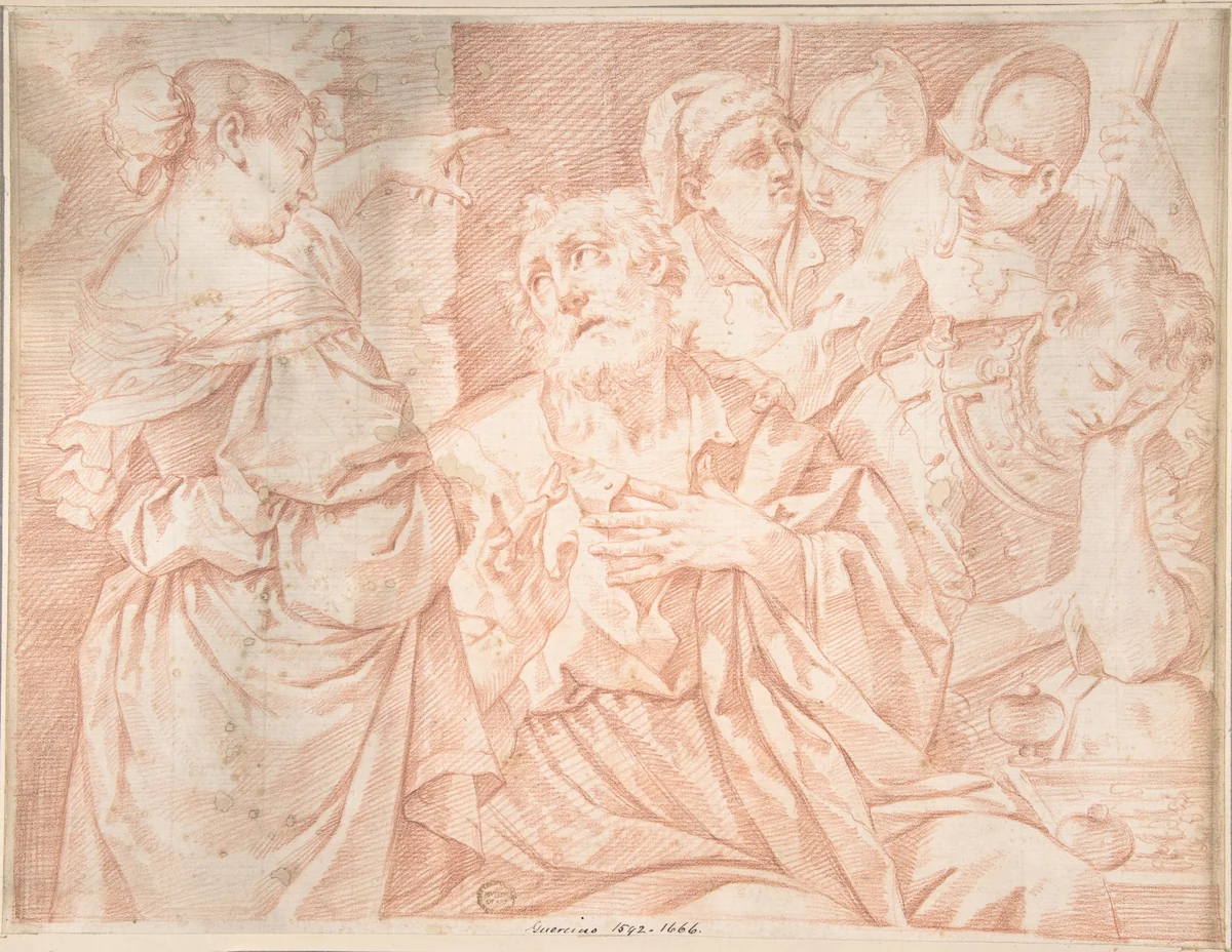 Peter Denying Christ, engraver's copy after a painting by Lorenzo Pasinelli by anonymous, drawing, 1600-1700