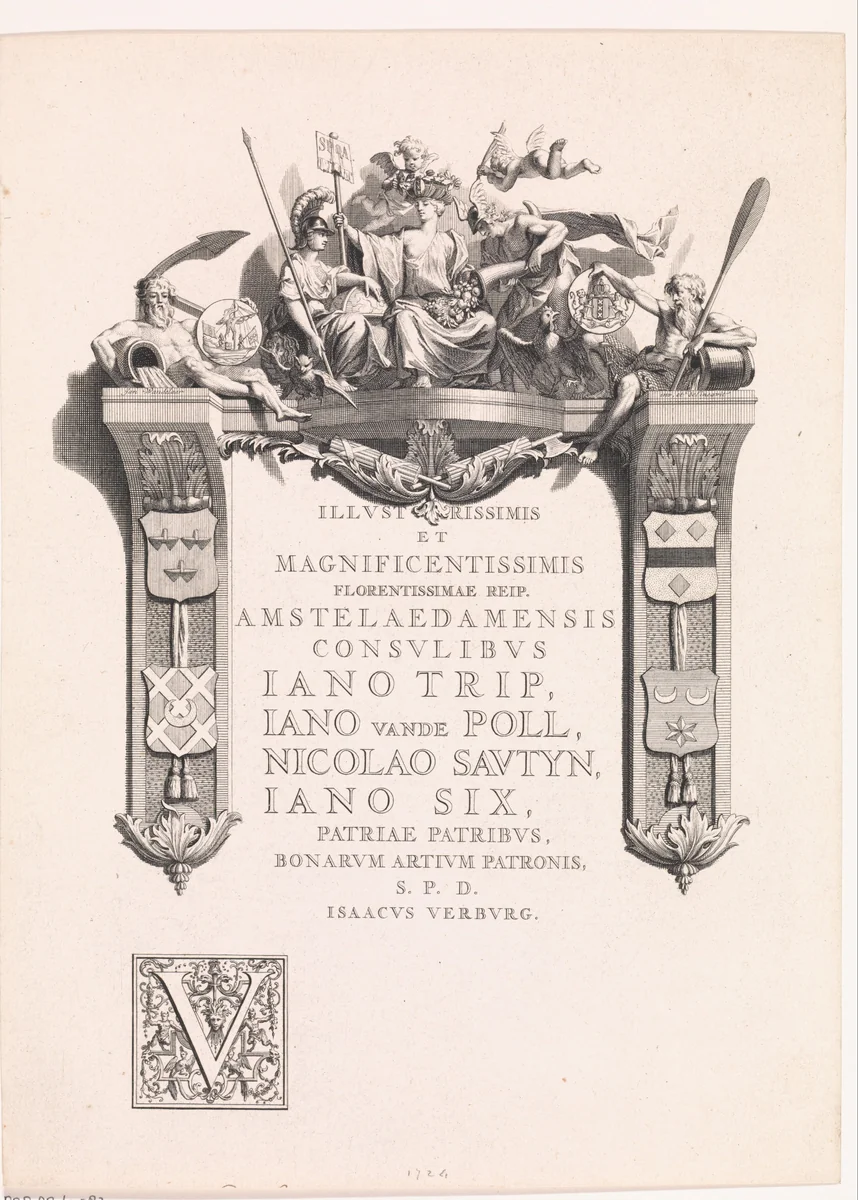 Ornamentele omlijsting bekroond met de Stedenmaagd van Amsterdam by Jan Wandelaar, print, 1702-1759