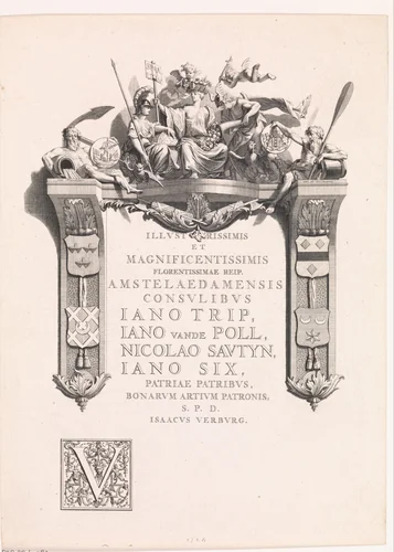 Ornamentele omlijsting bekroond met de Stedenmaagd van Amsterdam by Jan Wandelaar, print, 1702-1759