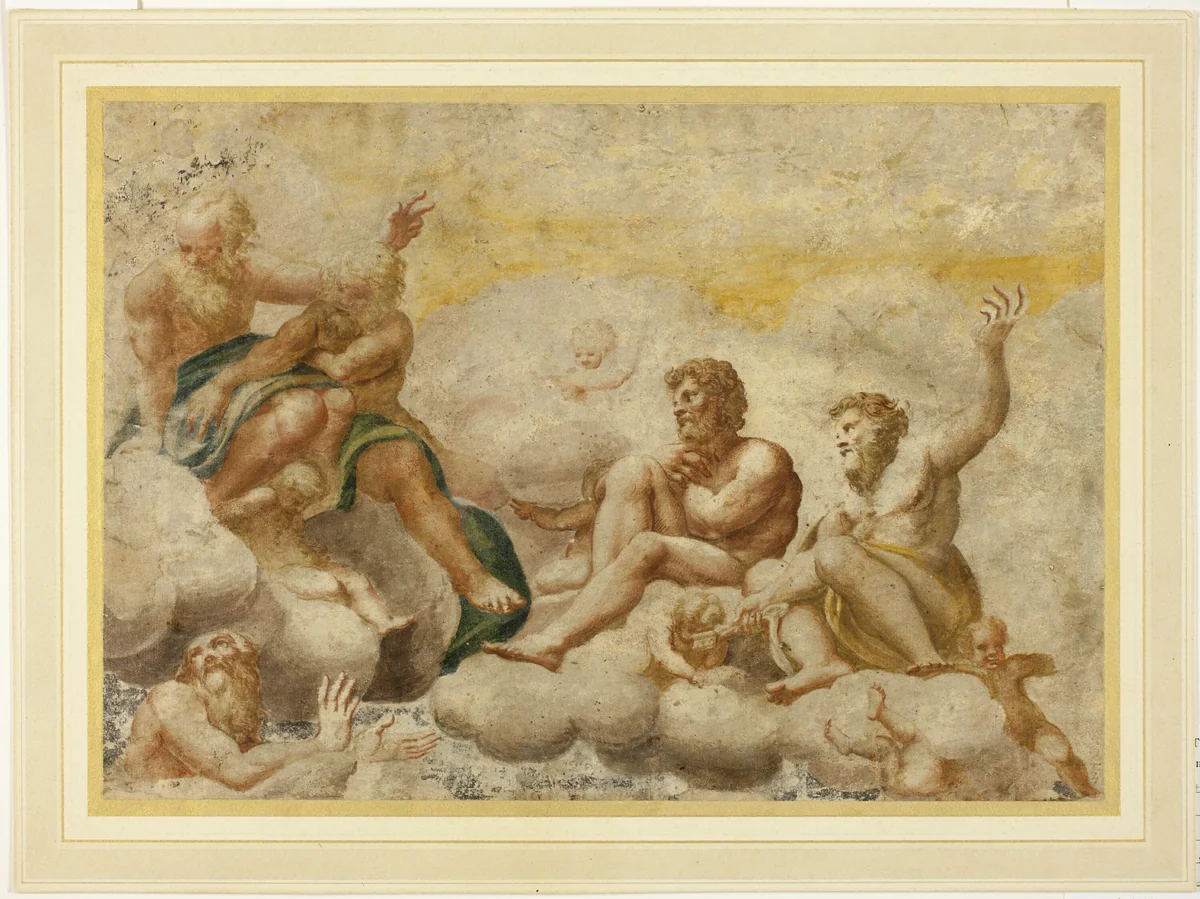 Saint Peter and other Seated Apostles, with Saint John the Evangelist Below by Antonio Correggio, drawing, 1600-1799